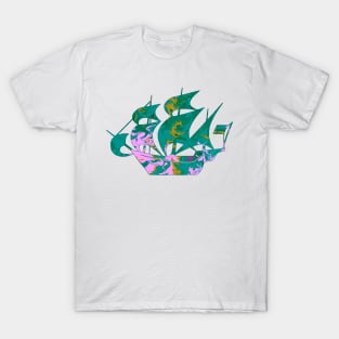 Galaxy Shores Refuge Liquid Art Sailing Ship Silhouette T-Shirt